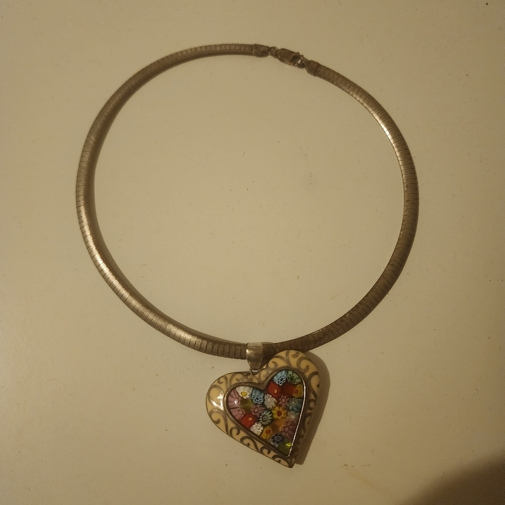 Vintage Alan K. Murano Glass Millefiori Sterlin Silver 925 Heart Pendant Neckl - Picture 5 of 9